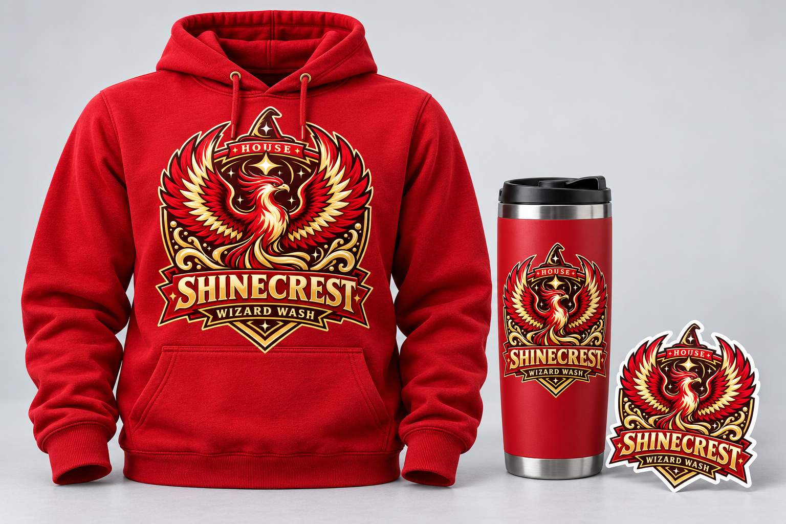 Shinecrest House Hoodie in a collection concept with a hoodie, tumbler, and sticker