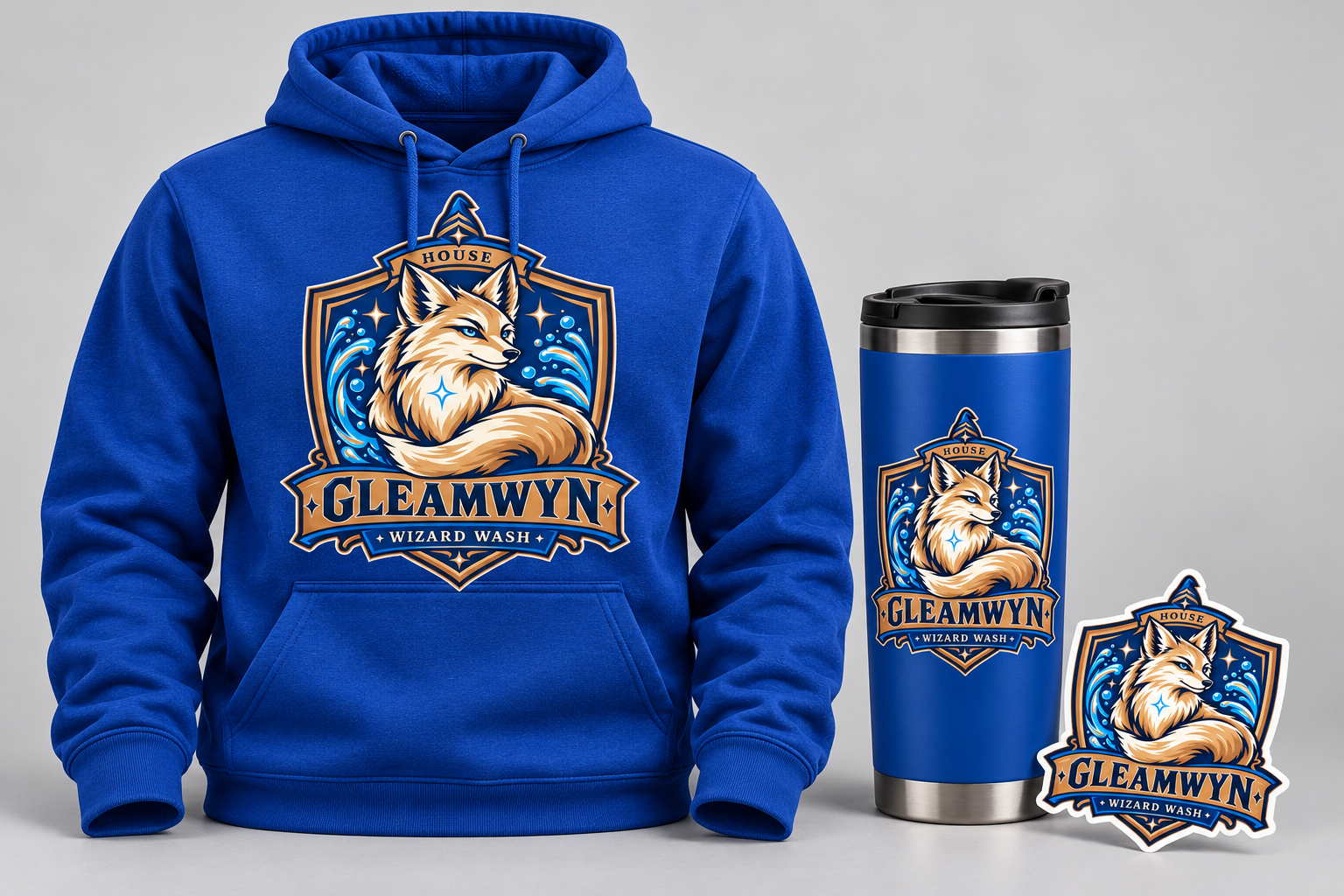 Gleamwyn House Hoodie in a collection concept with a hoodie, tumbler, and sticker