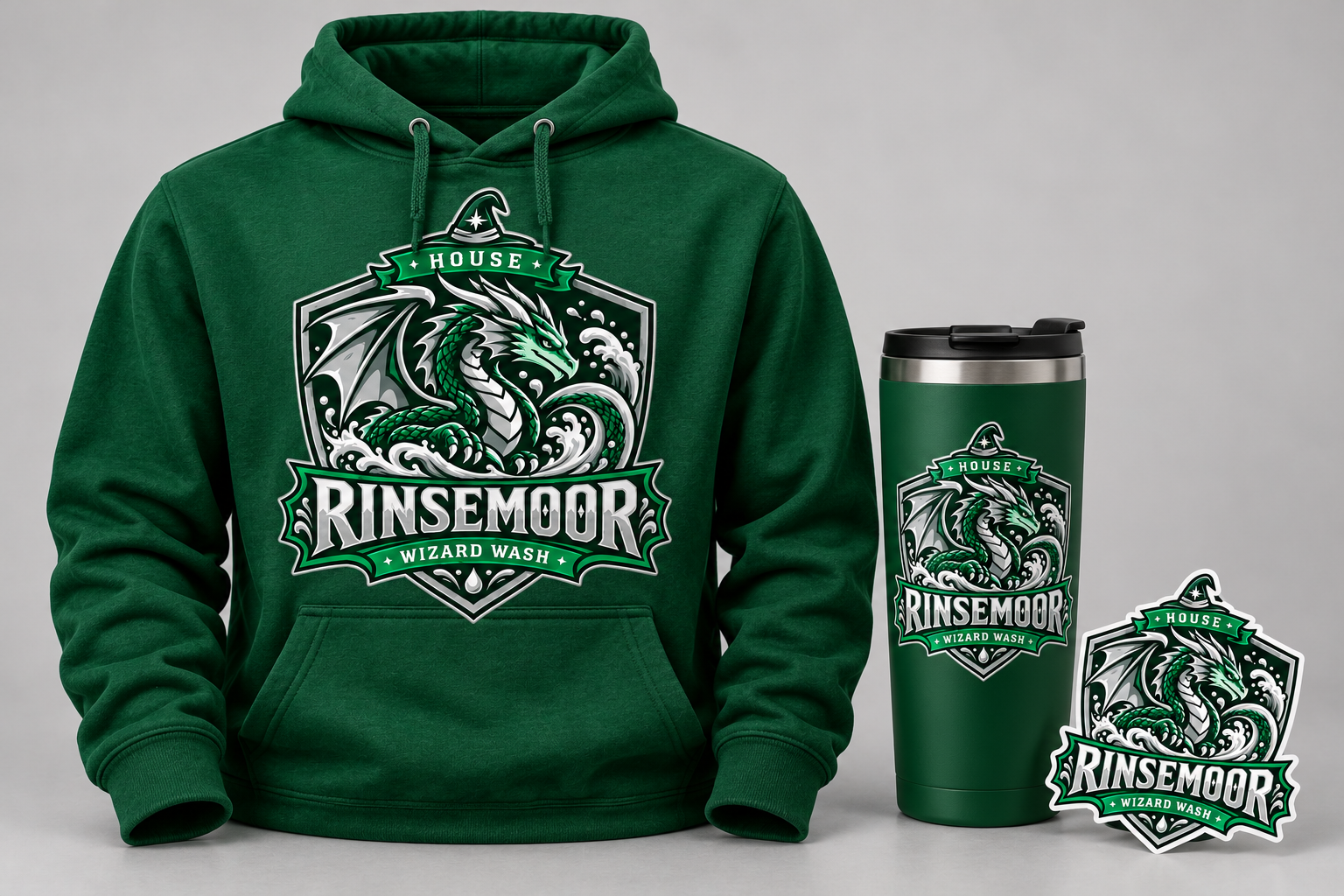 Rinsemoor House Hoodie in a collection concept with a hoodie, tumbler, and sticker