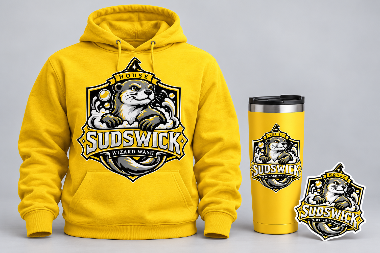 Sudswick House Hoodie in a collection concept with a hoodie, tumbler, and sticker