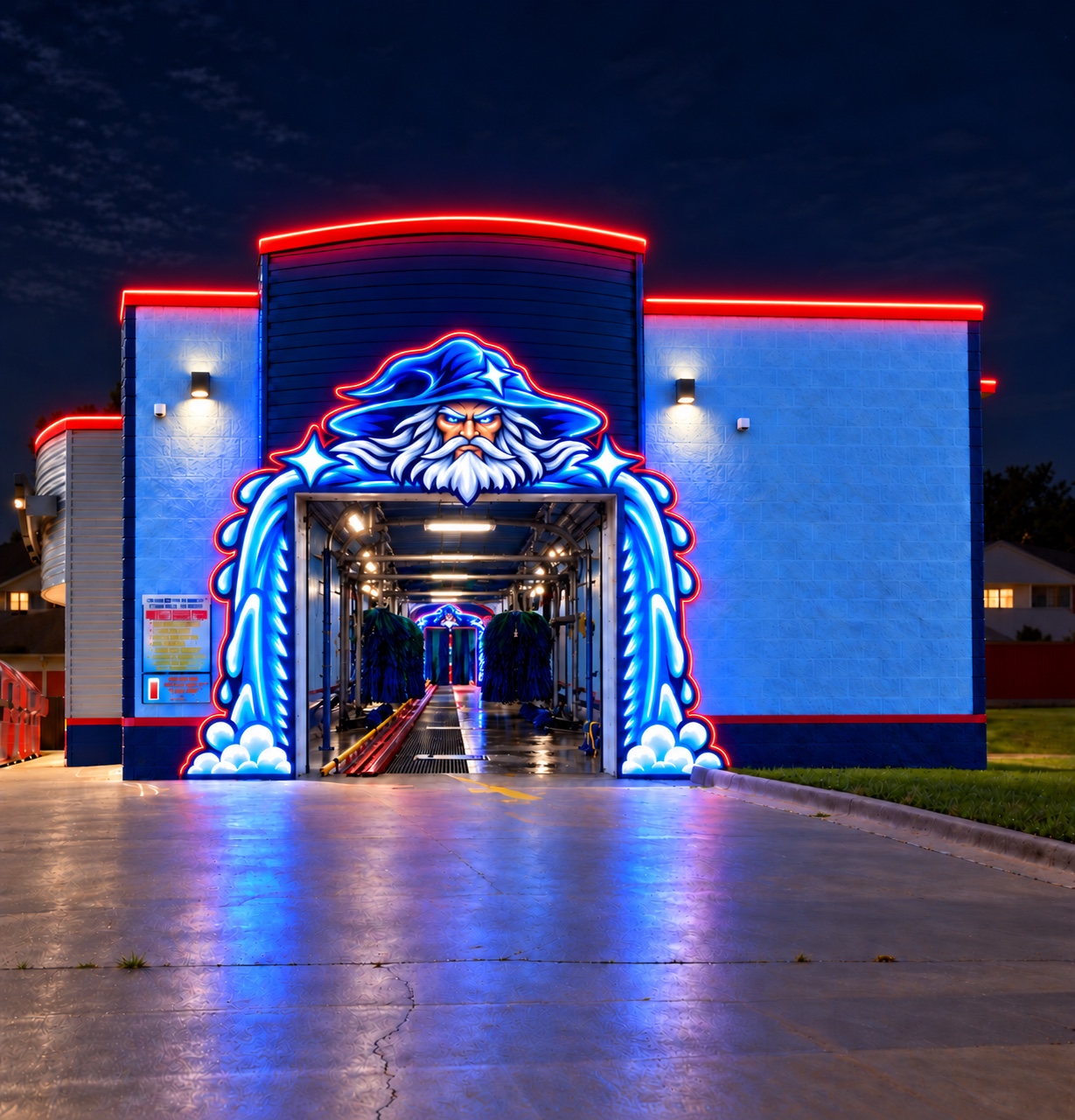 Wizard Wash entrance concept with an illuminated wizard arch and blue walls