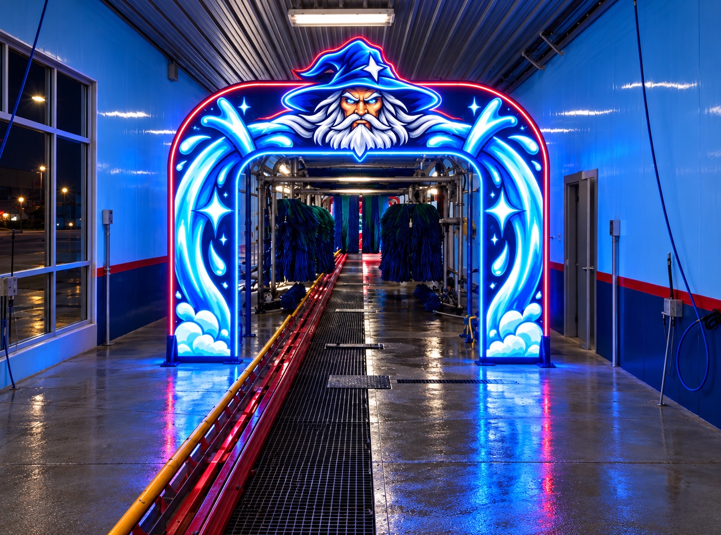 Wizard Wash tunnel concept with illuminated wizard portal and water-themed arch